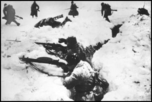 Soviet infantry fighting from trenches in the snow