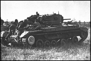 Soviet infantry ride a lend-lease Valentine tank into battle at Rzhev